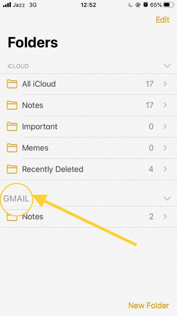 iOS Notes App to sync Gmail, a Screenshot from NoobSpace