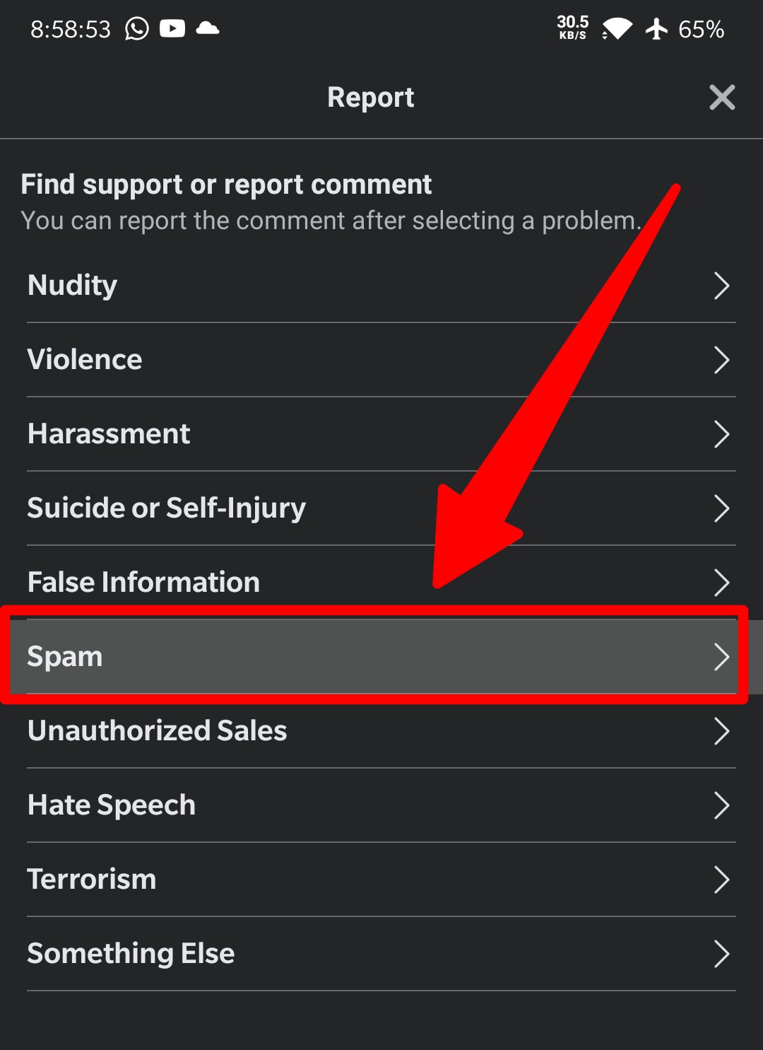 select Spam option on report screen