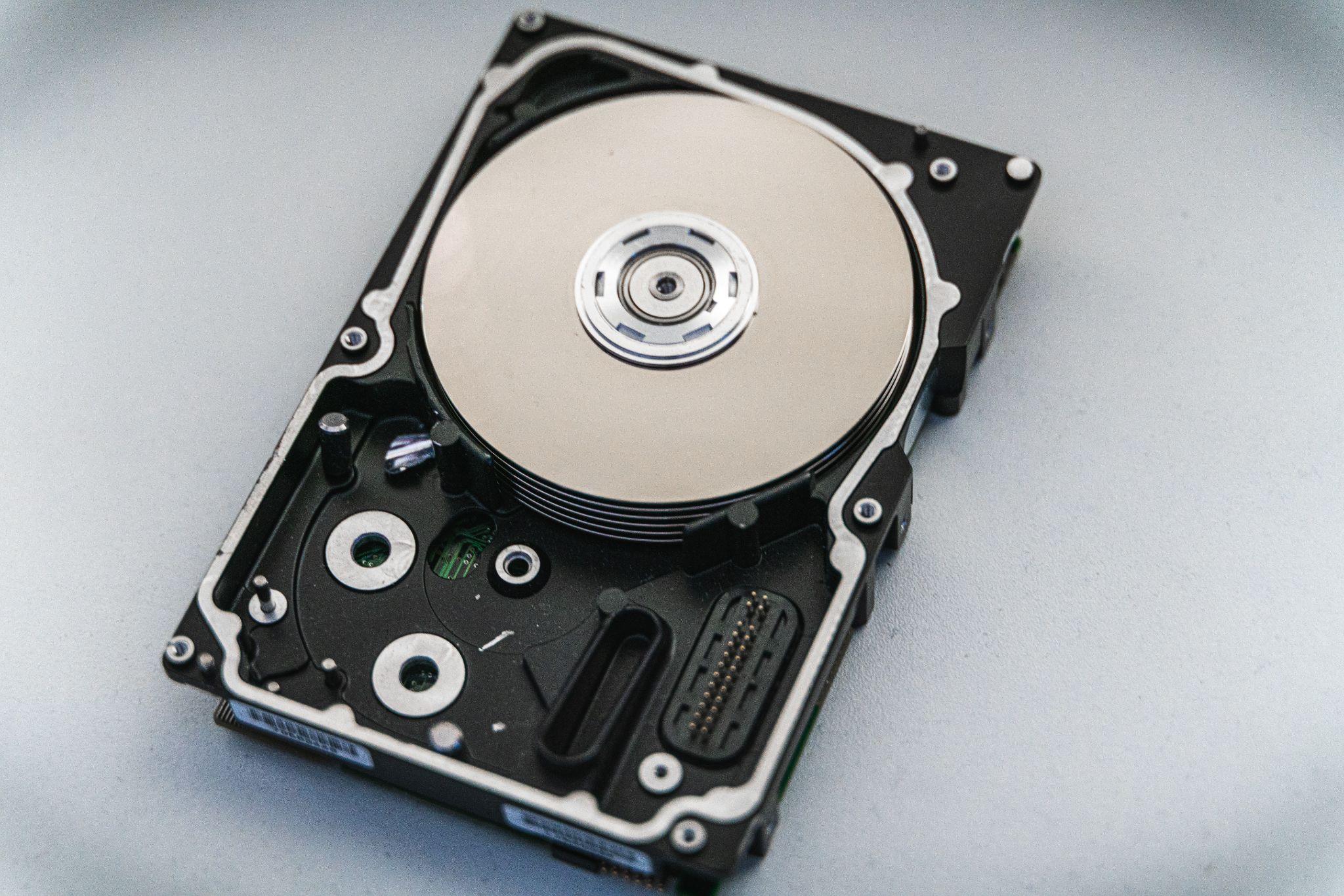 An image of a naked hard drive with internals