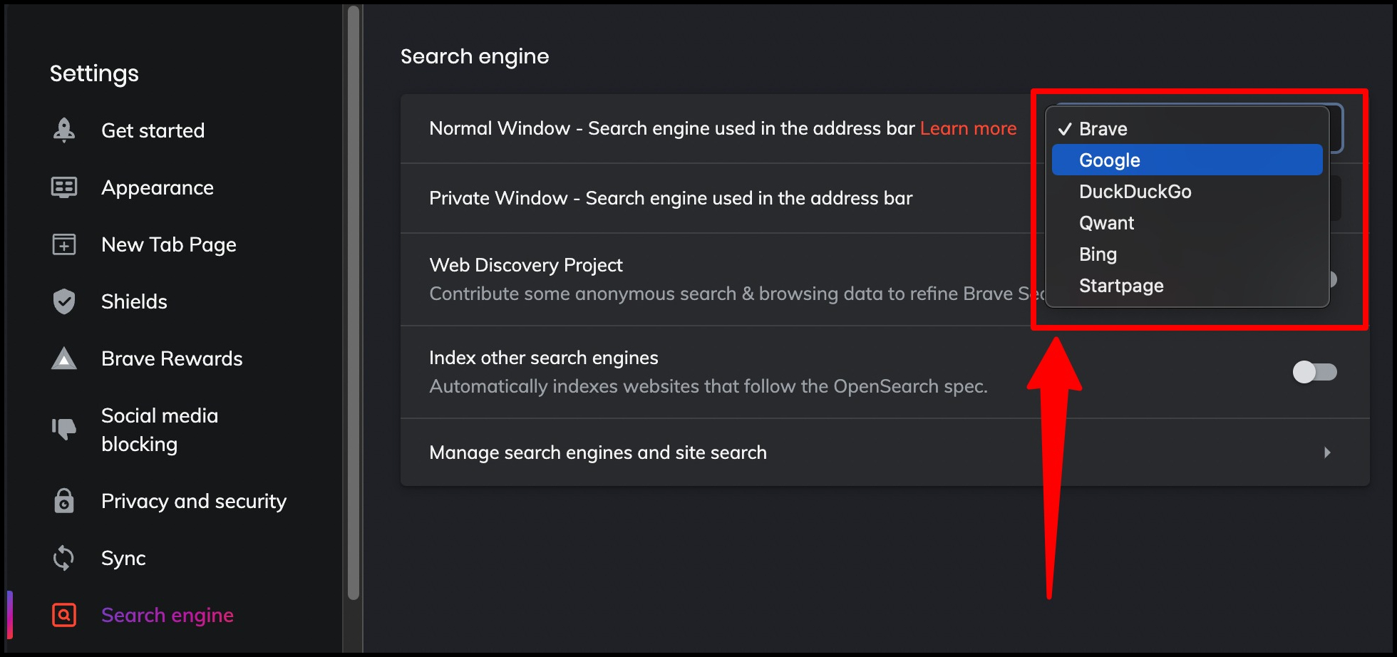 select search engine from Brave browser preferences