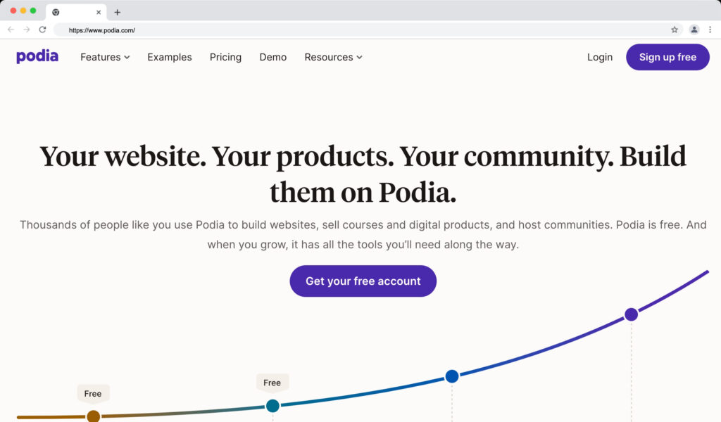 Podia platform homescreen