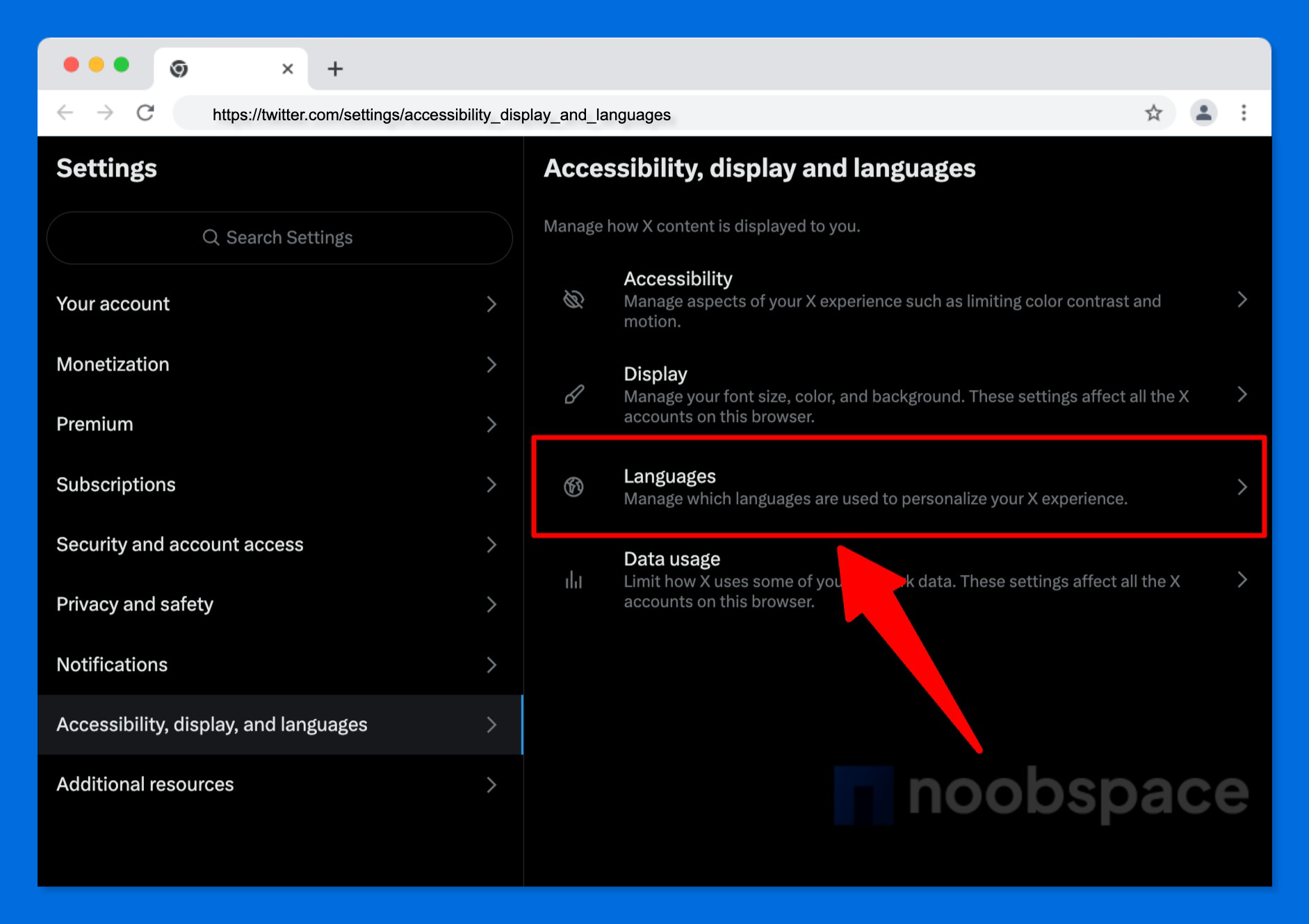 Languages option under Accessibility, display, and languages