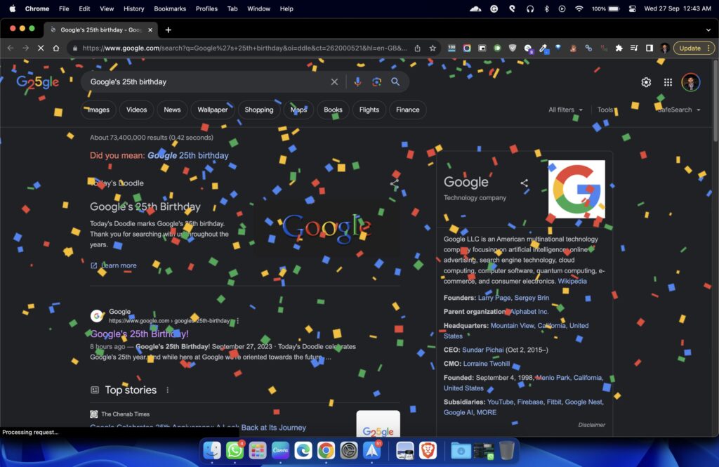 Google's homepage showing confetti canon 🎉🎊🥳