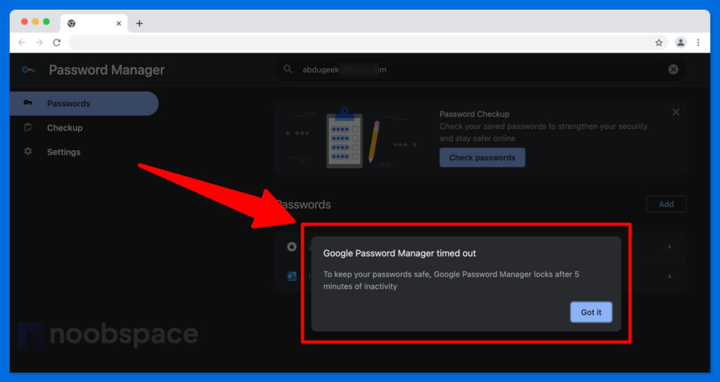 Google Password Manager timed out notice in Google Chrome
