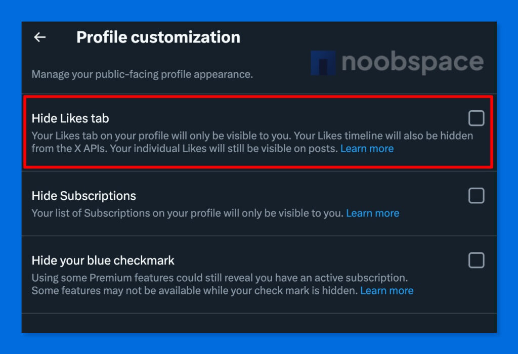 hide likes tab Profile customization X 2023