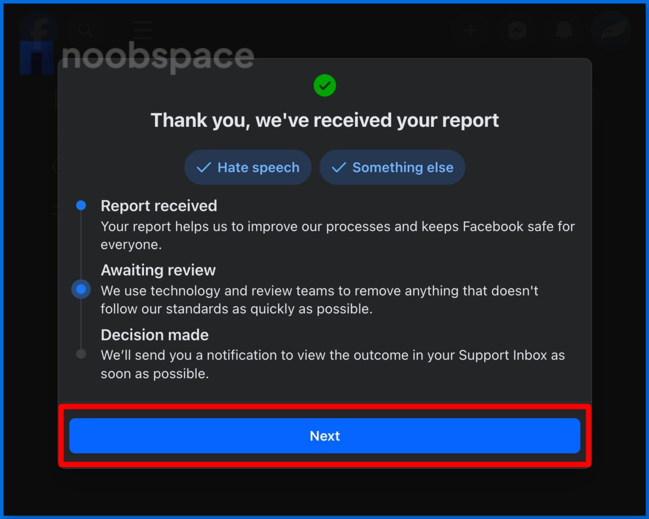 thank you message after submitting a report on a Facebook post