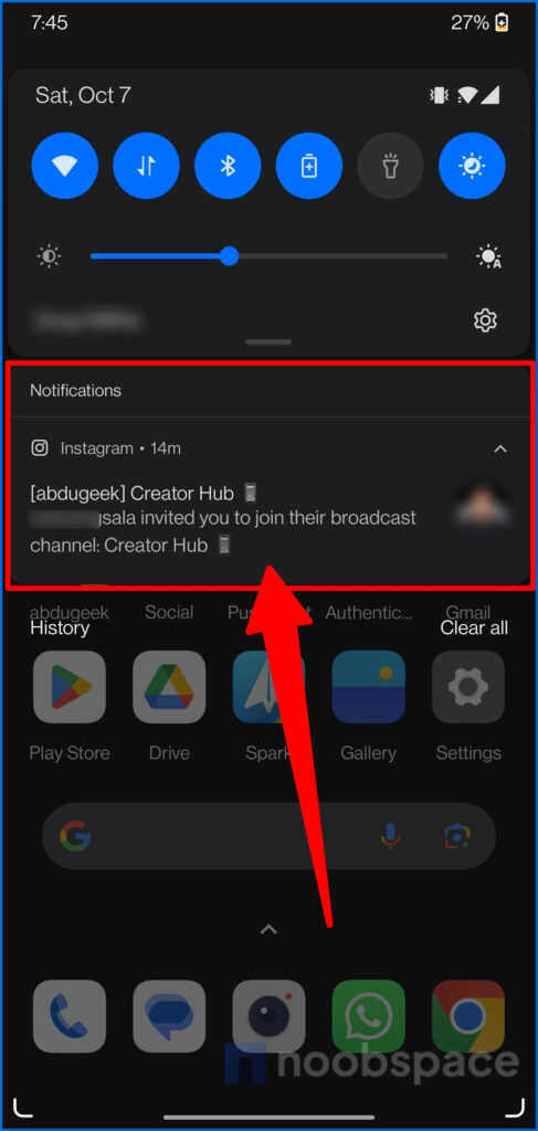 A screenshot of Instagram broadcast channel invite notification on Android