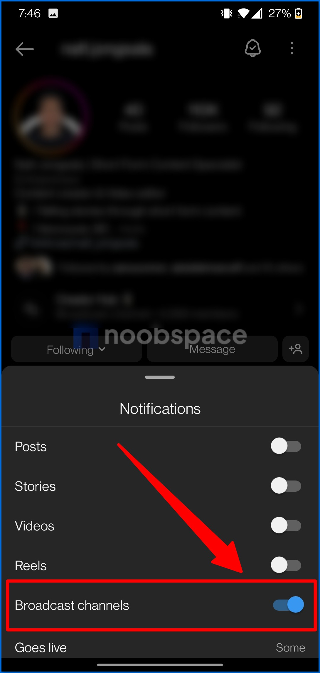 A screenshot showing option to turn off Instagram broadcast invite notifications from creator's profile