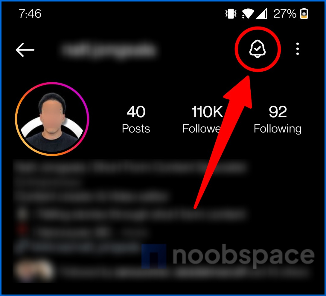 A screenshot of an Instagram creator's profile showing bell icon