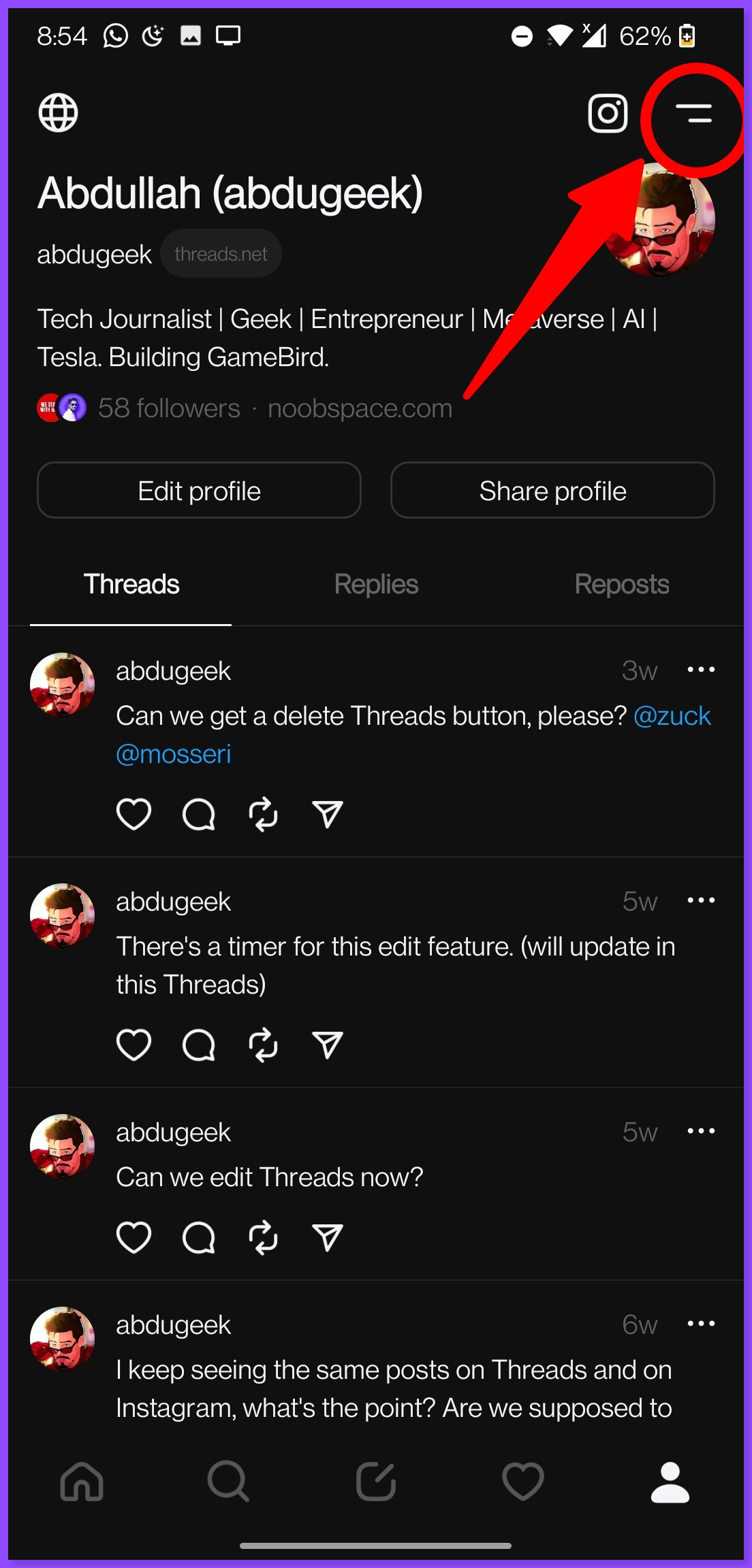 A screenshot of the Threads app profile page indicating an arrow to tap on burger menu on top right corner