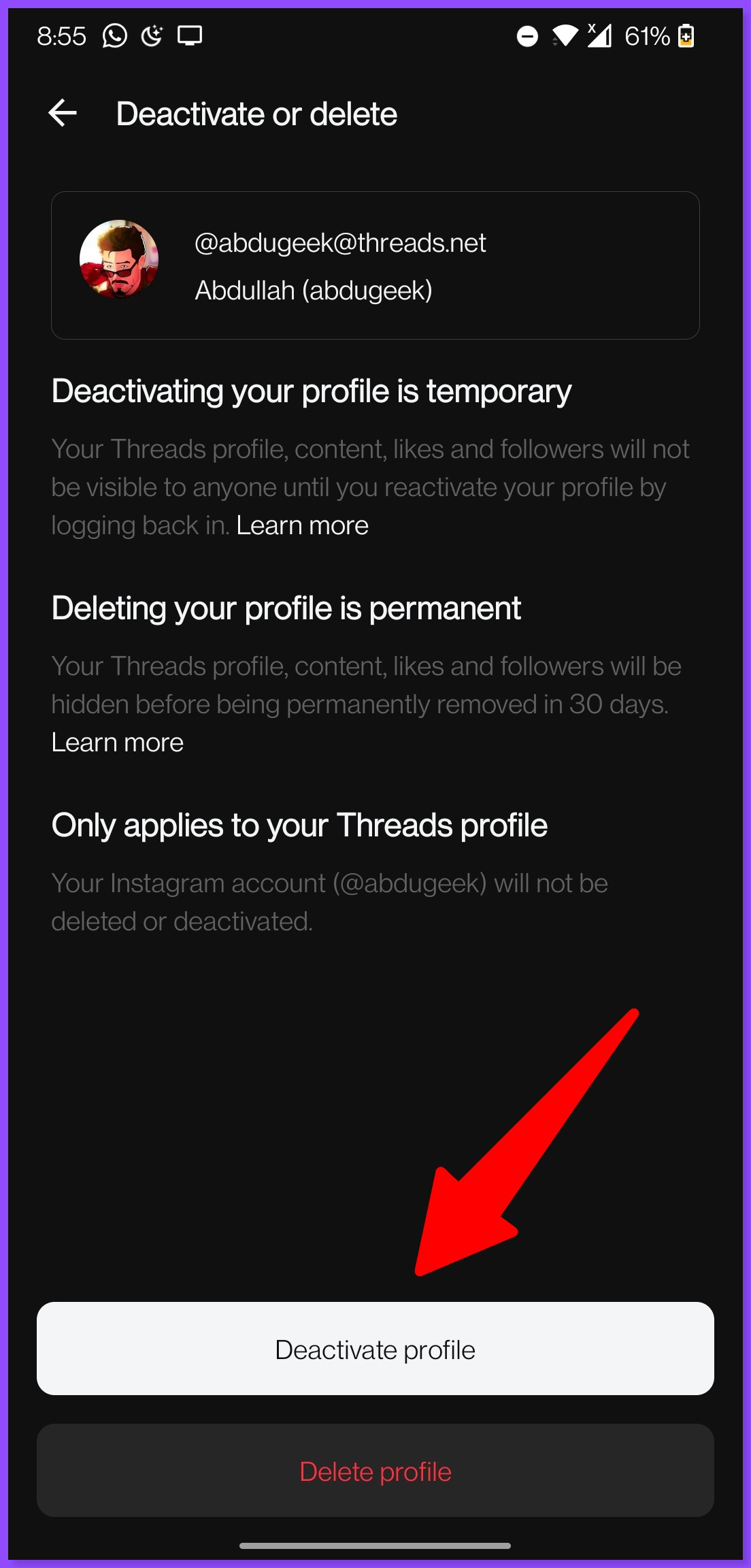 Deactivate profile and delete profile button in Threads app