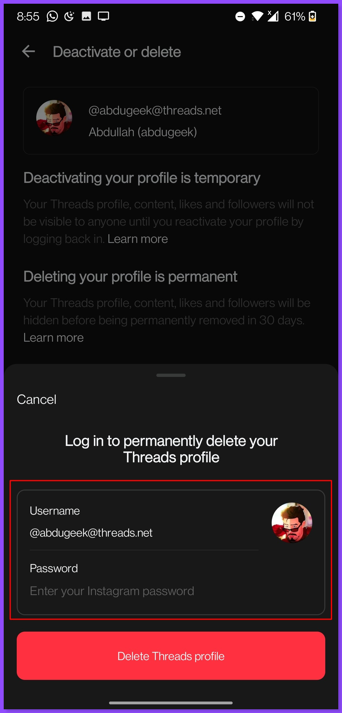 Enter password to delete your Threads profile
