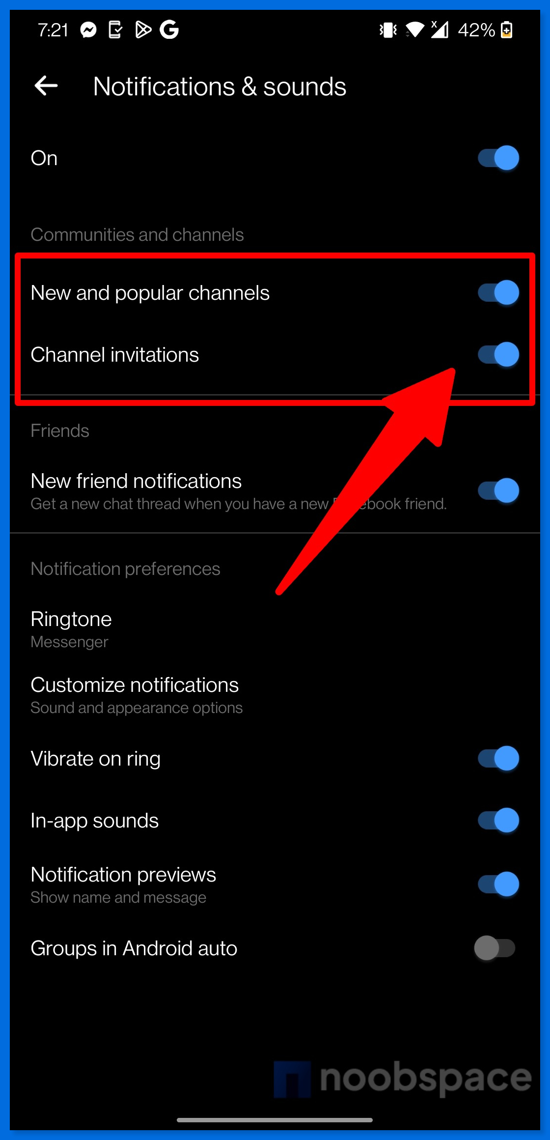 A screenshot of Messenger notifications settings from where you can disable channel invites on Facebook and Messenger