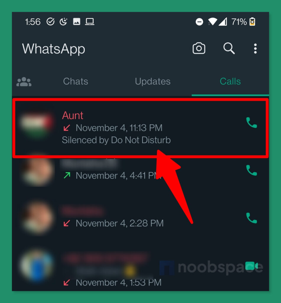 A screenshot of WhatsApp call logs showing 'Silenced by Do Not Disturb' mode