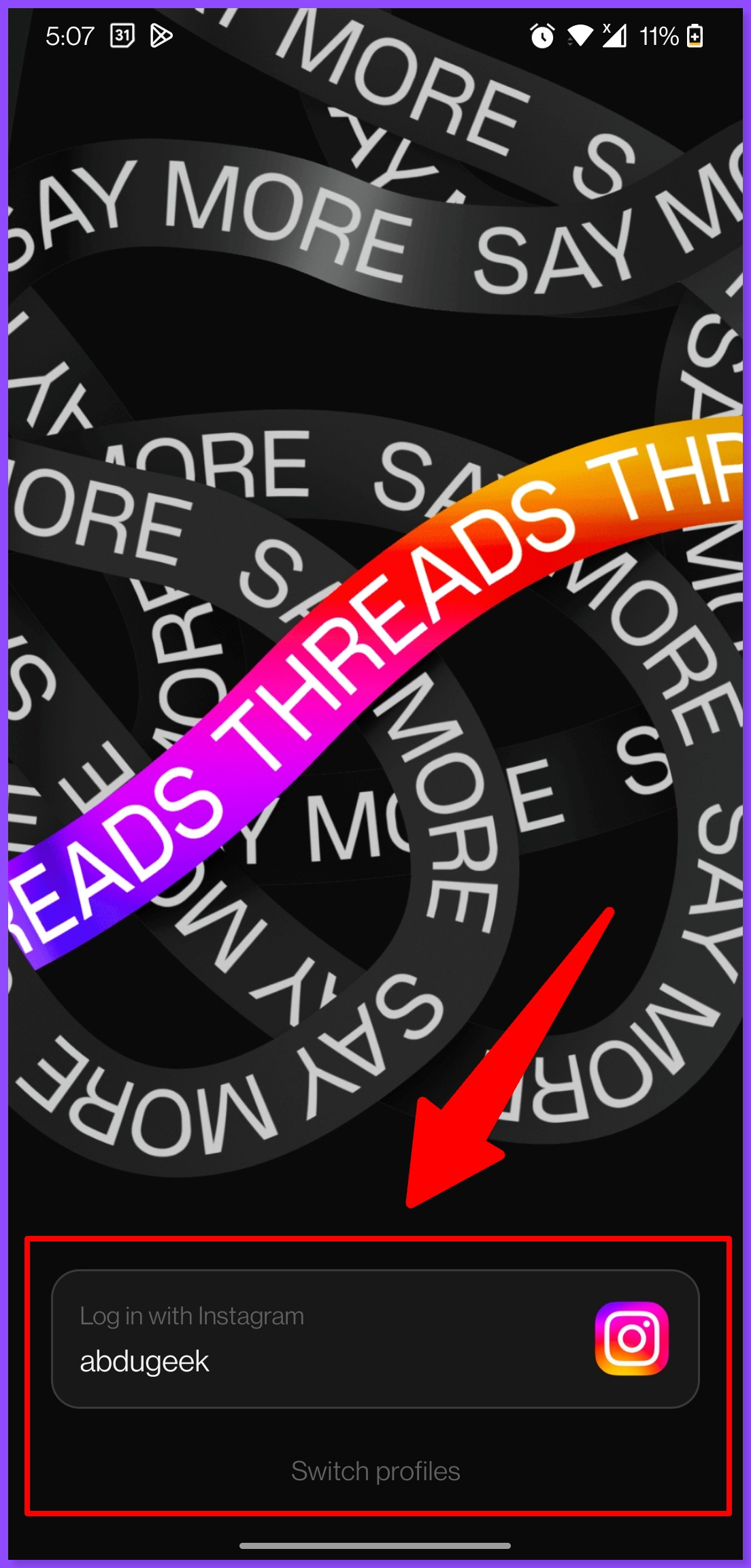 A login screen of Threads app