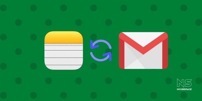 sync-ios-notes-to-gmail-iphone-noobspace Illustration of syncing iCloud Notes to Gmail