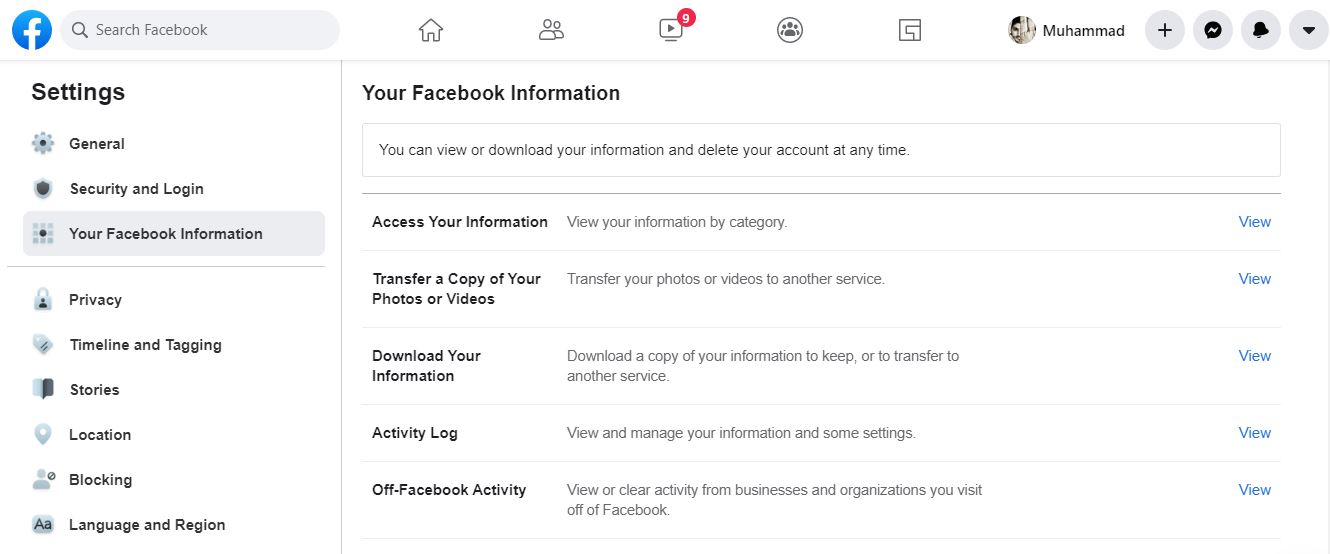 Facebook Information Transfer Settings Page