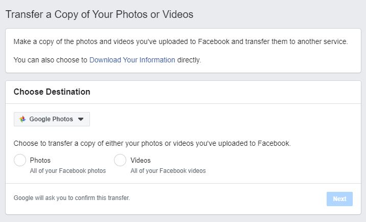 Choosing photos or videos in Facebook to Google Photos data transfer