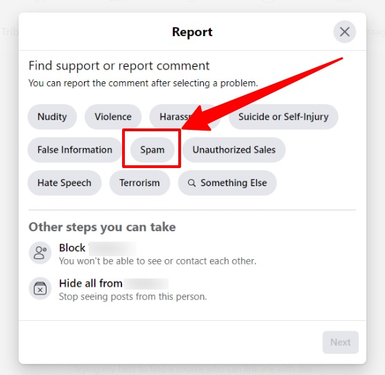 Select spam in comment report box