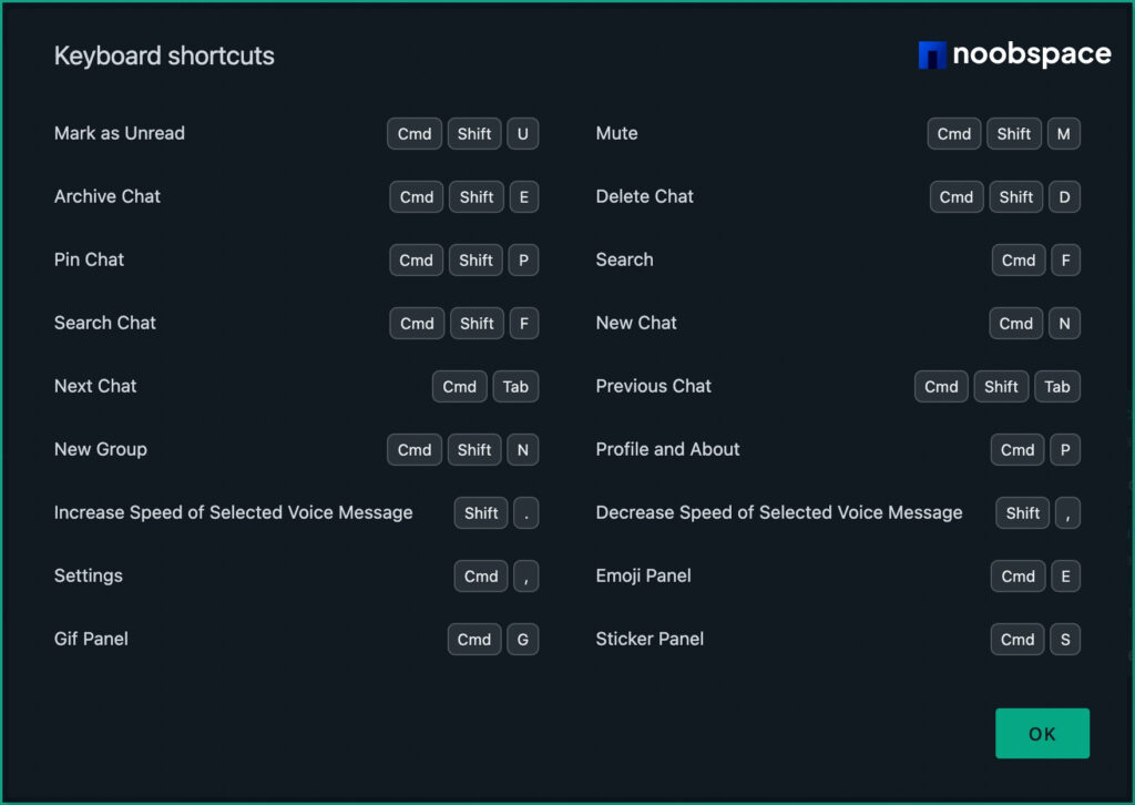 WhatsApp keyboard shortcuts for Mac