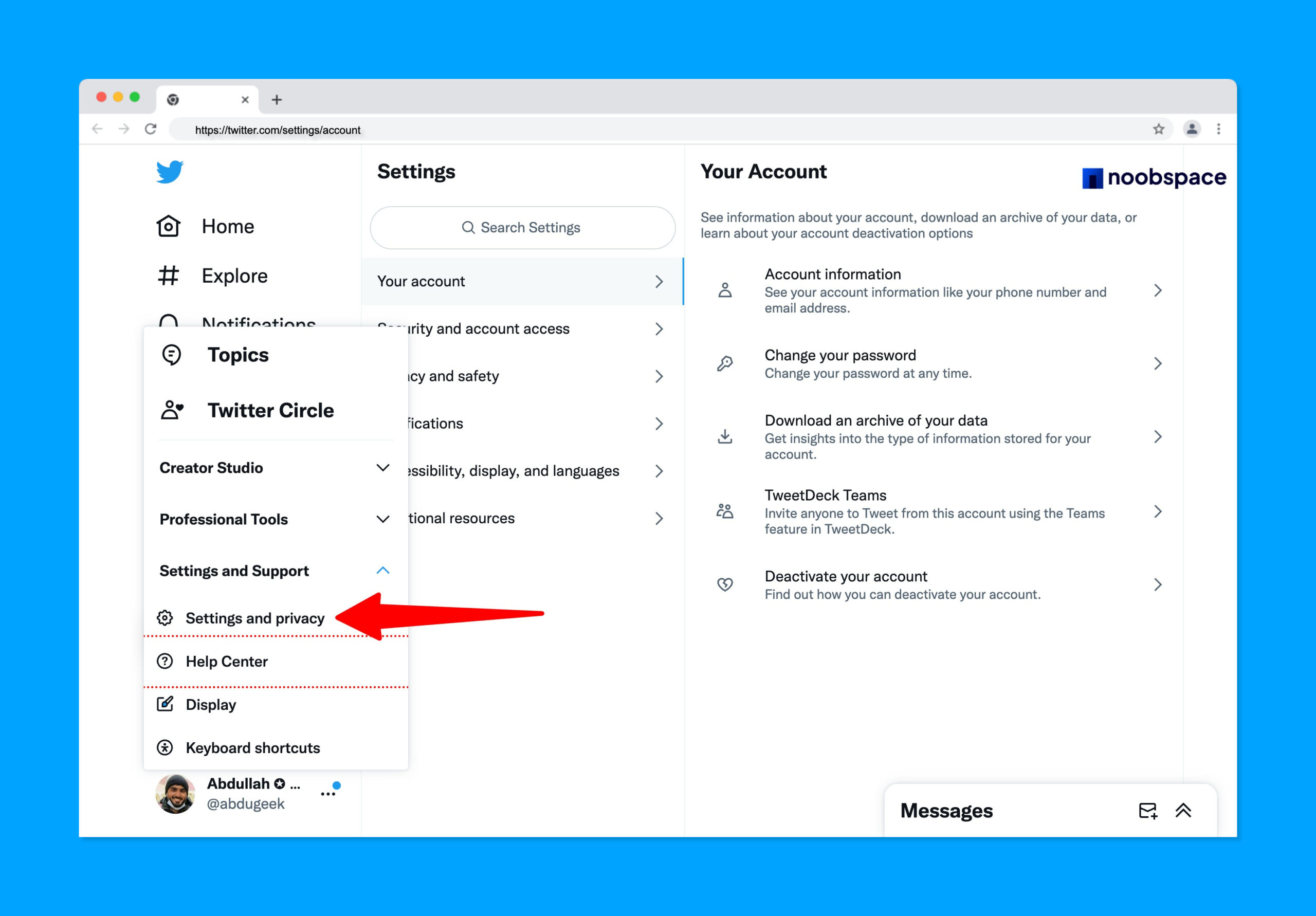 Twitter account settings to download Twitter archive