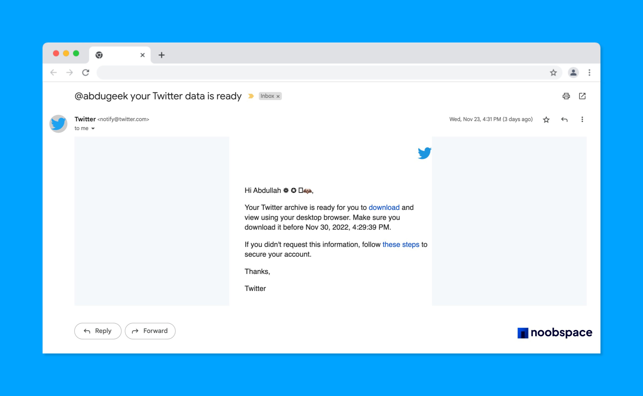 Twitter archive ready notification email