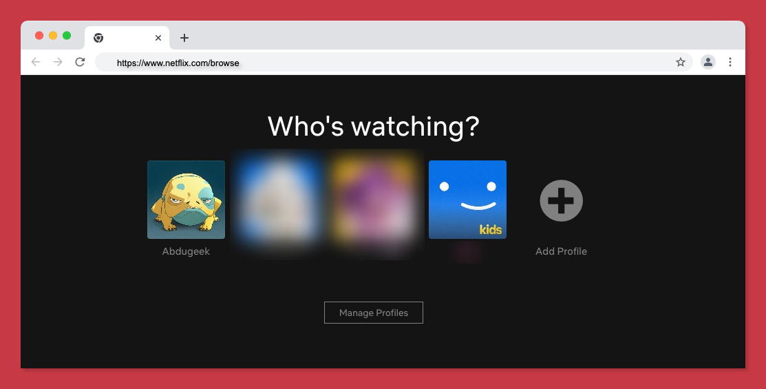 Browse Netflix profiles, who's watching screen